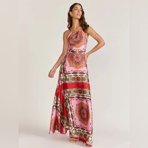 Aakaa Pink and Red Patterned Maxi Dress NWOT